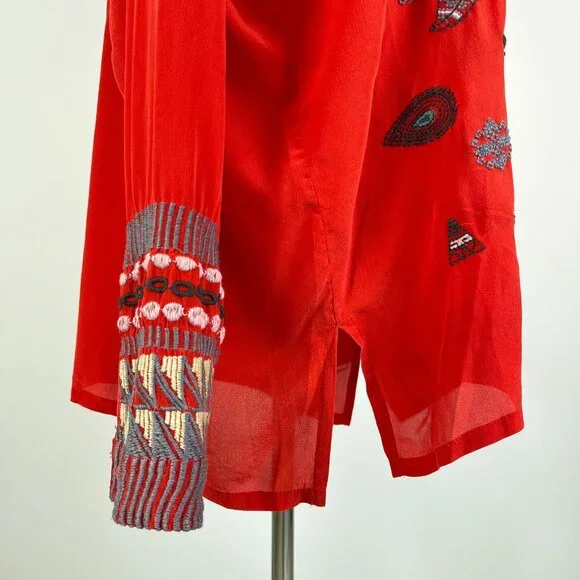 NWOT Johnny Was Biya Reverie Silk Floral Embroidered Red Shirt Blouse Size M - Picture 5 of 13